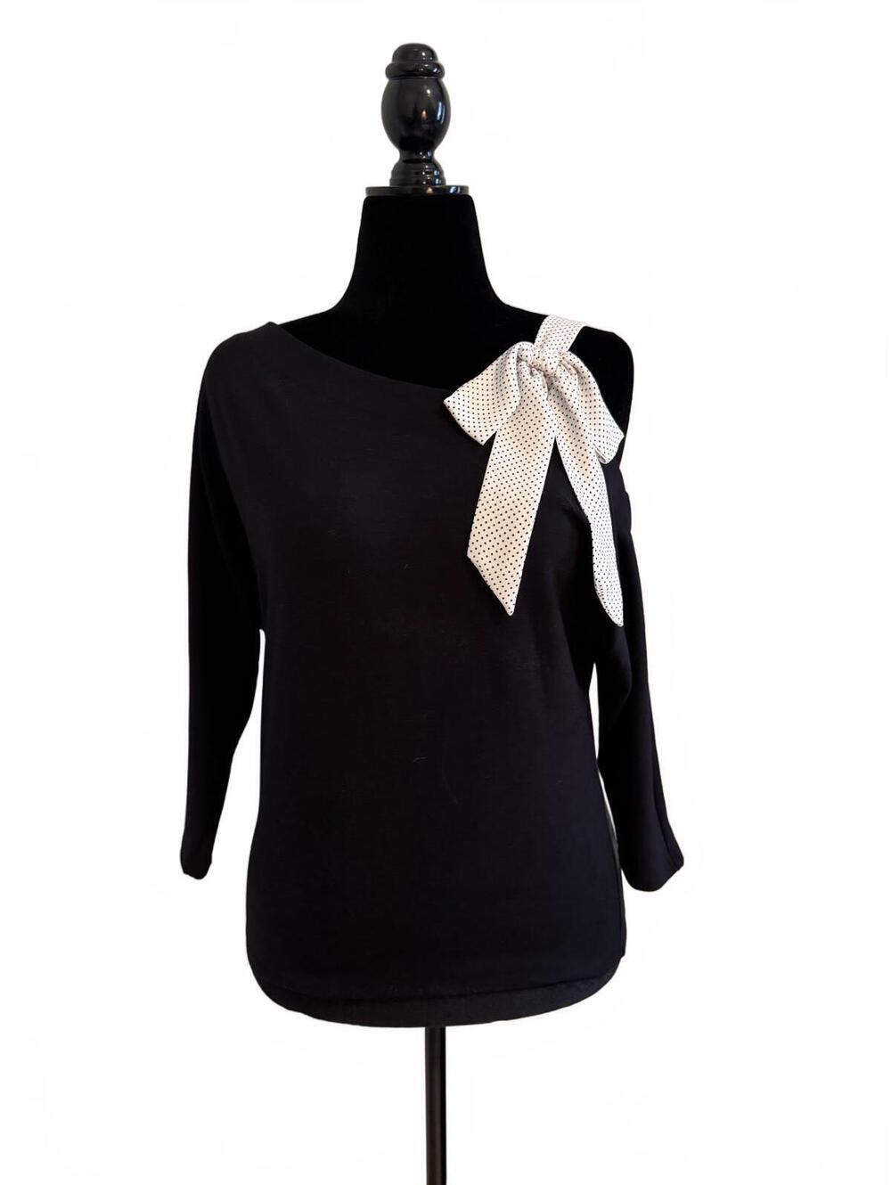 White House Black Market Black Top with Accent Polka Dot Bow Size S